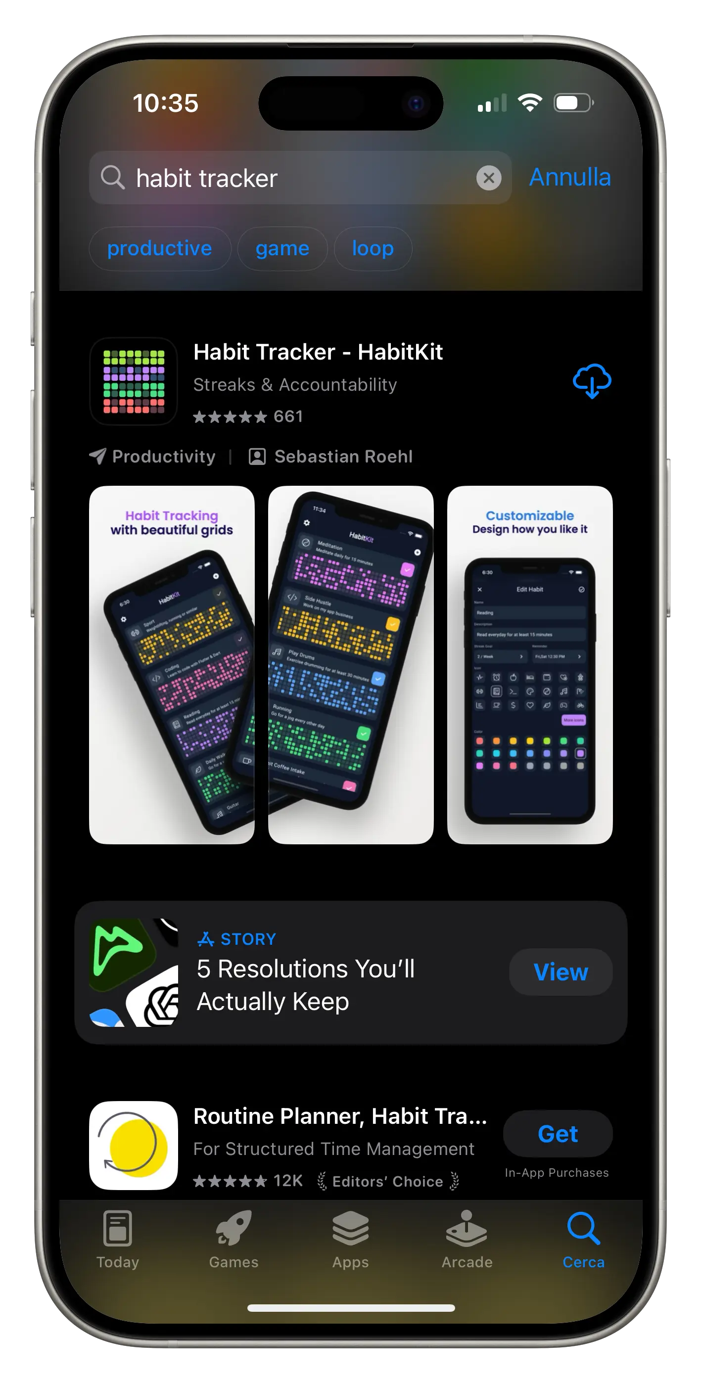 An iPhone showing an App Store search for “habit tracker” and the apps returned for it.